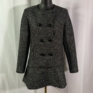 Lucy Paris Black & Metallic Silver Tweed Button Front Ruffled Hem Peacoat